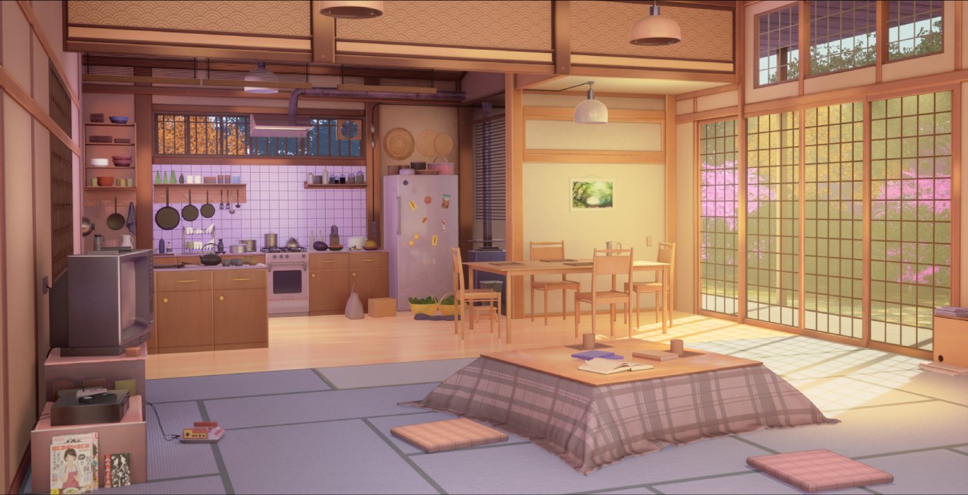 Intérieur japonais baigné de lumière chaude, réalisé sous Unreal Engine