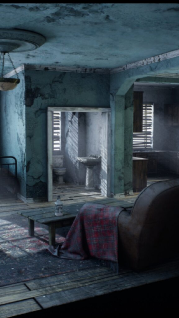 Appartement abandonné en 3D, murs écaillés et lumière filtrée par des persiennes