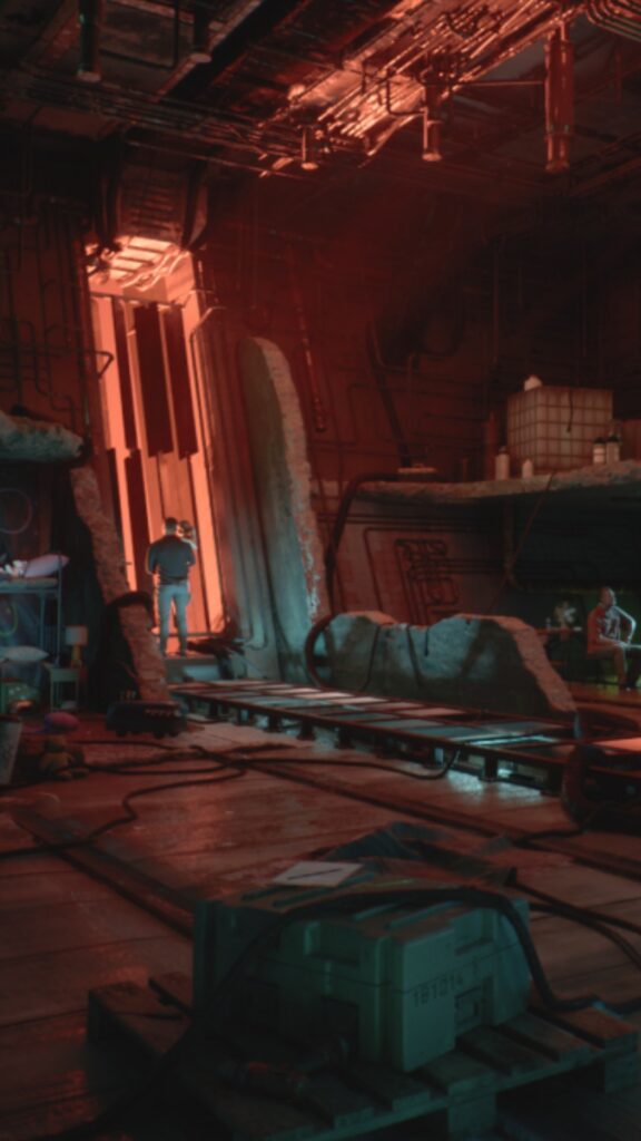 Atelier industriel de science-fiction en 3D, portail éclairé en rouge et matériel de chantier