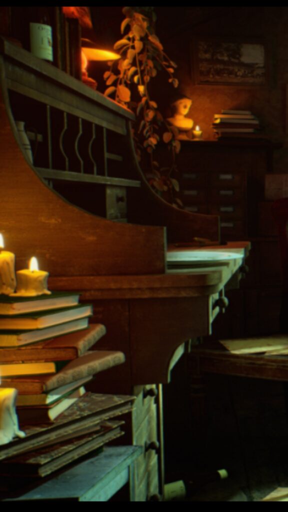Bureau ancien en 3D, escalier de bois et piles de livres éclairés à la bougie